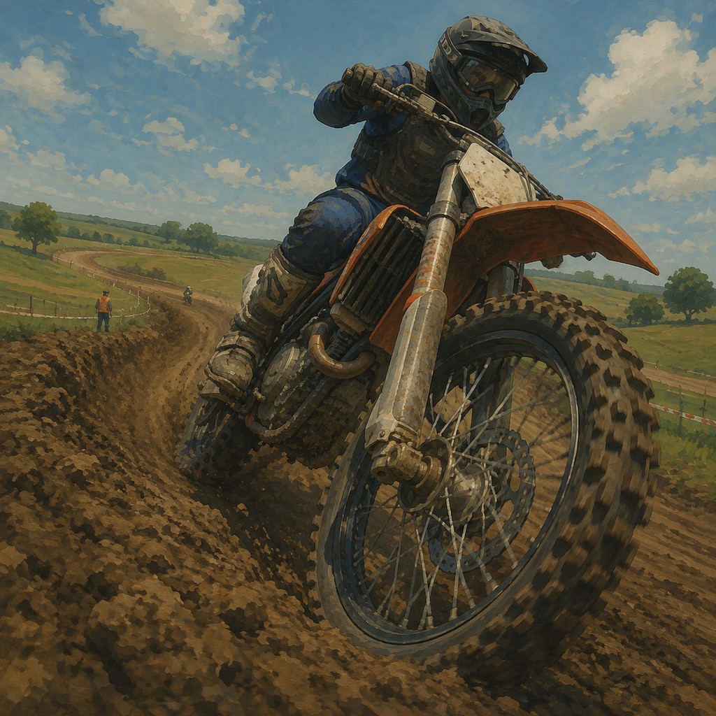 A dirt-bike rider carving through a berm on a professionally maintained track.