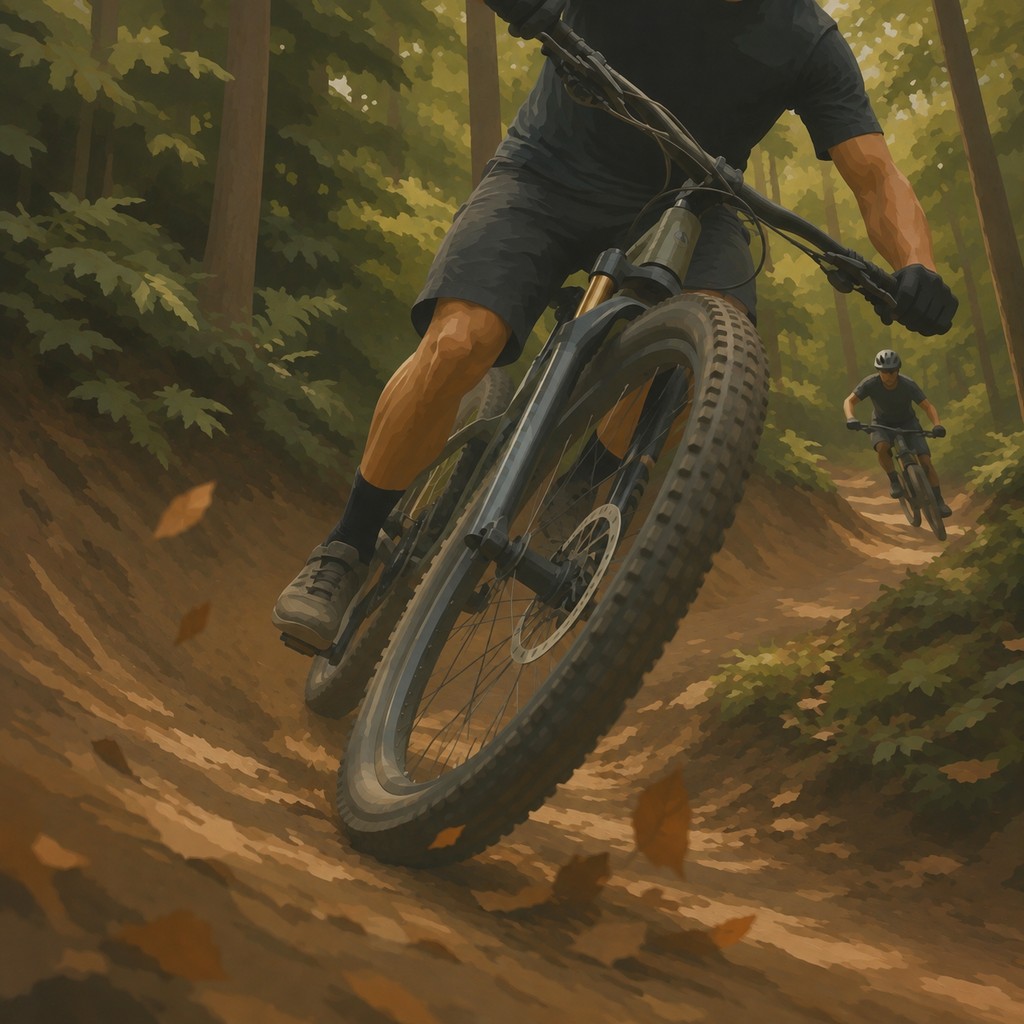 Mountain bikers riding a forest trail in the Appalachian hills