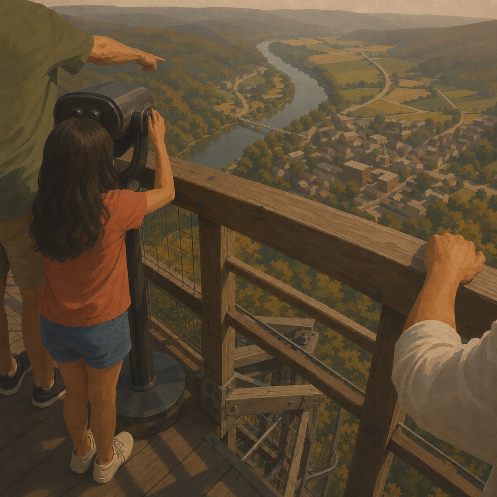 Visitors enjoying the view from an observation tower over an Appalachian river valley