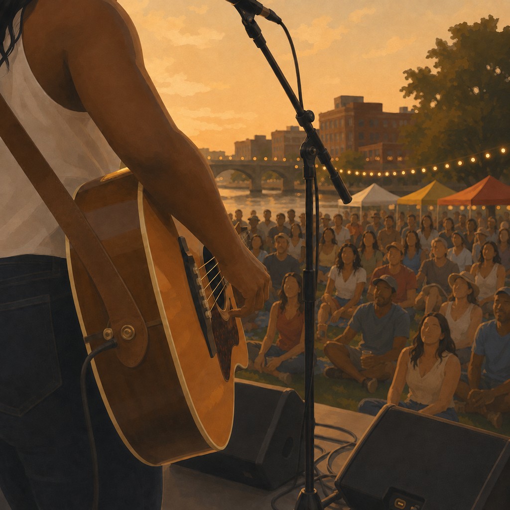 A guitarist performs for an audience at a city waterfront outdoor concert.