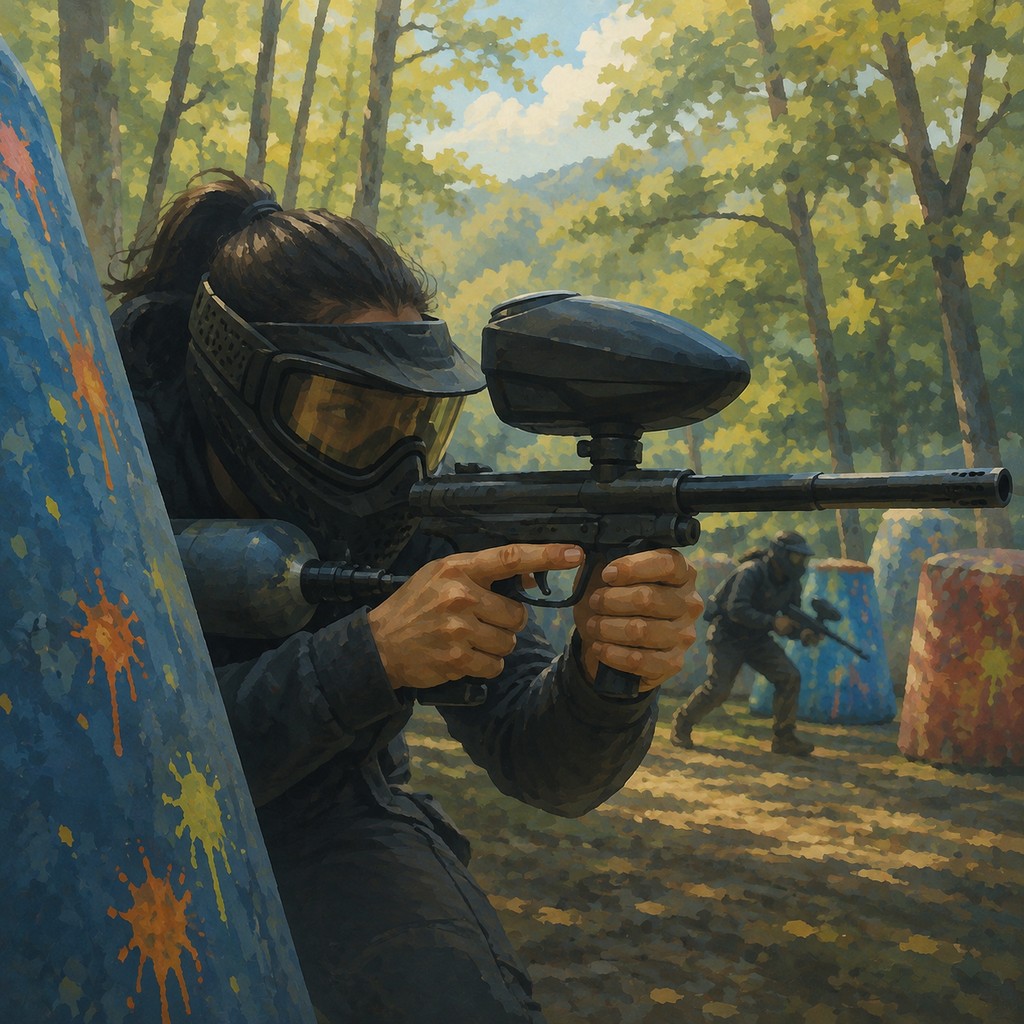 A masked player aiming a paintball marker from behind a barrier on an outdoor course.