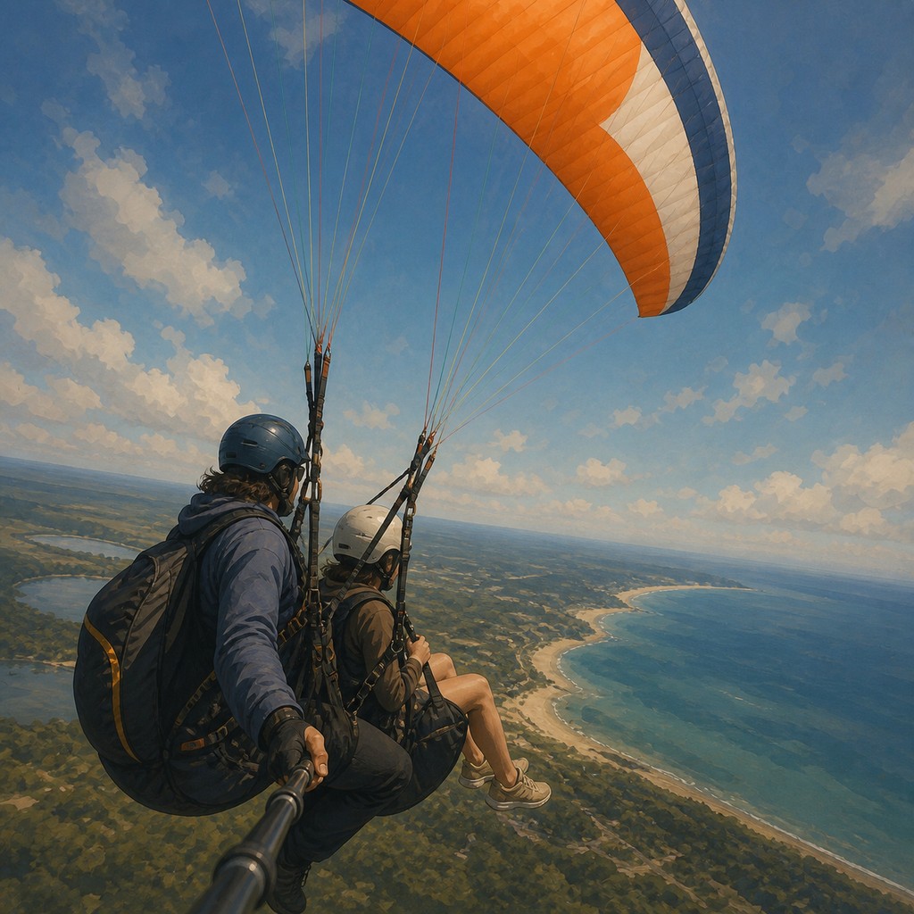 A tandem paragliding flight above a broad coastal landscape.