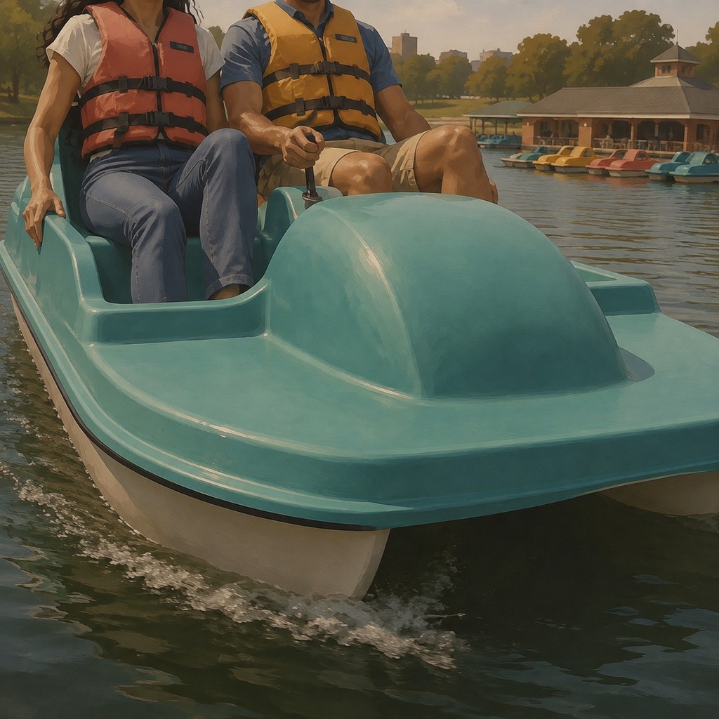 Two guests ride a pedal boat across a city park lake.