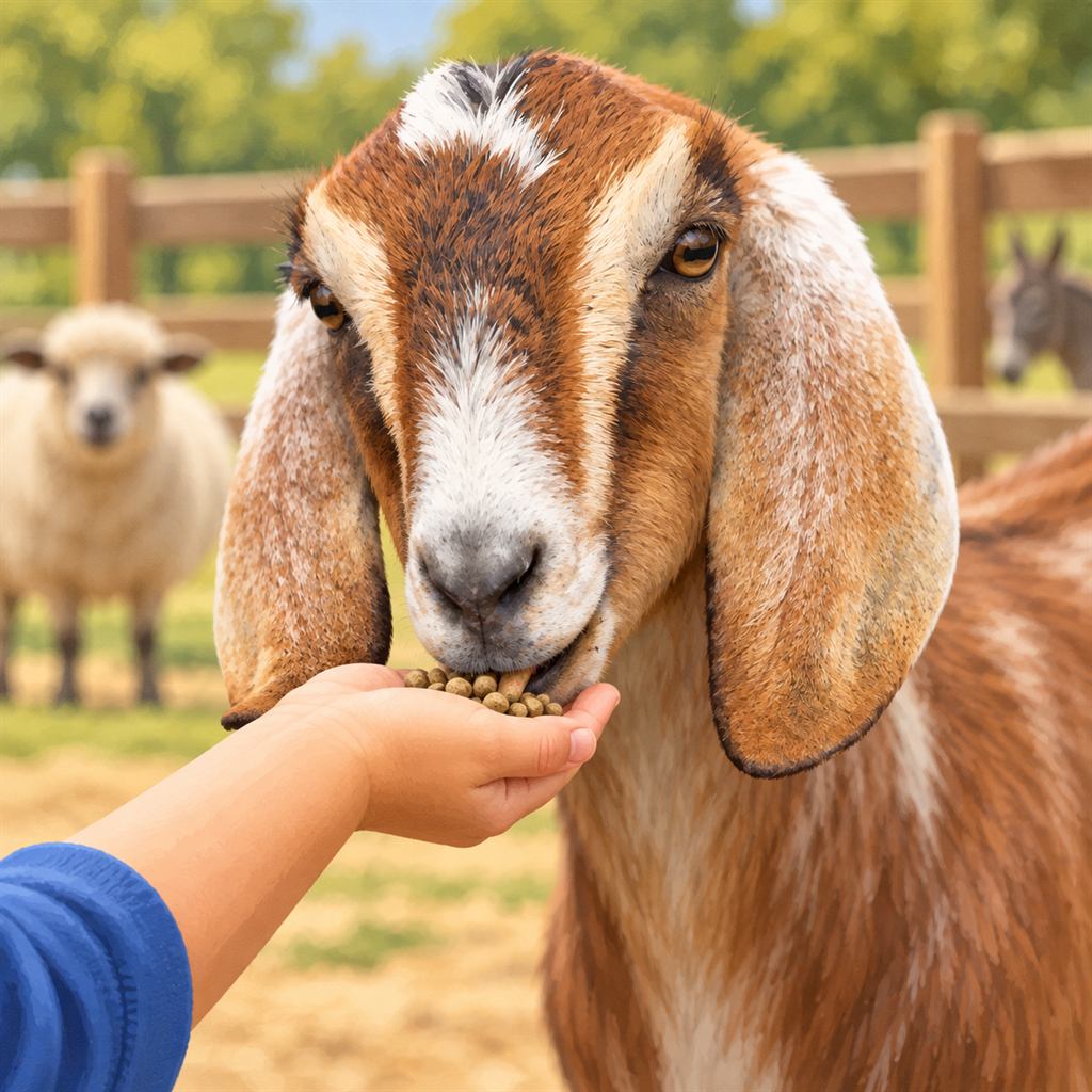 Friendly goat eating feed from a child’s hand at an outdoor petting zoo.