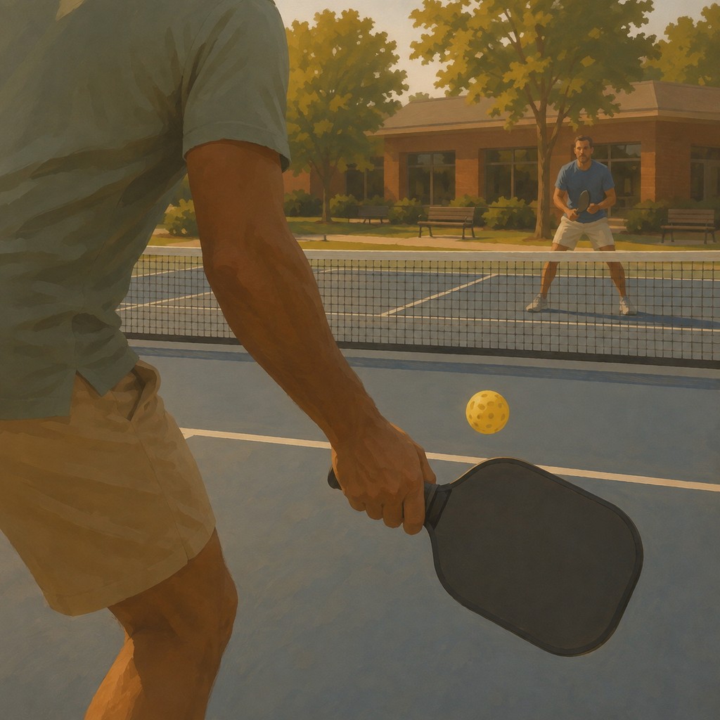 Two players enjoying an outdoor pickleball match at a community recreation complex.
