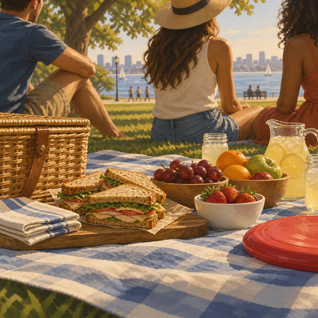 Friends enjoy a waterfront park picnic with sandwiches, fruit, and lemonade.