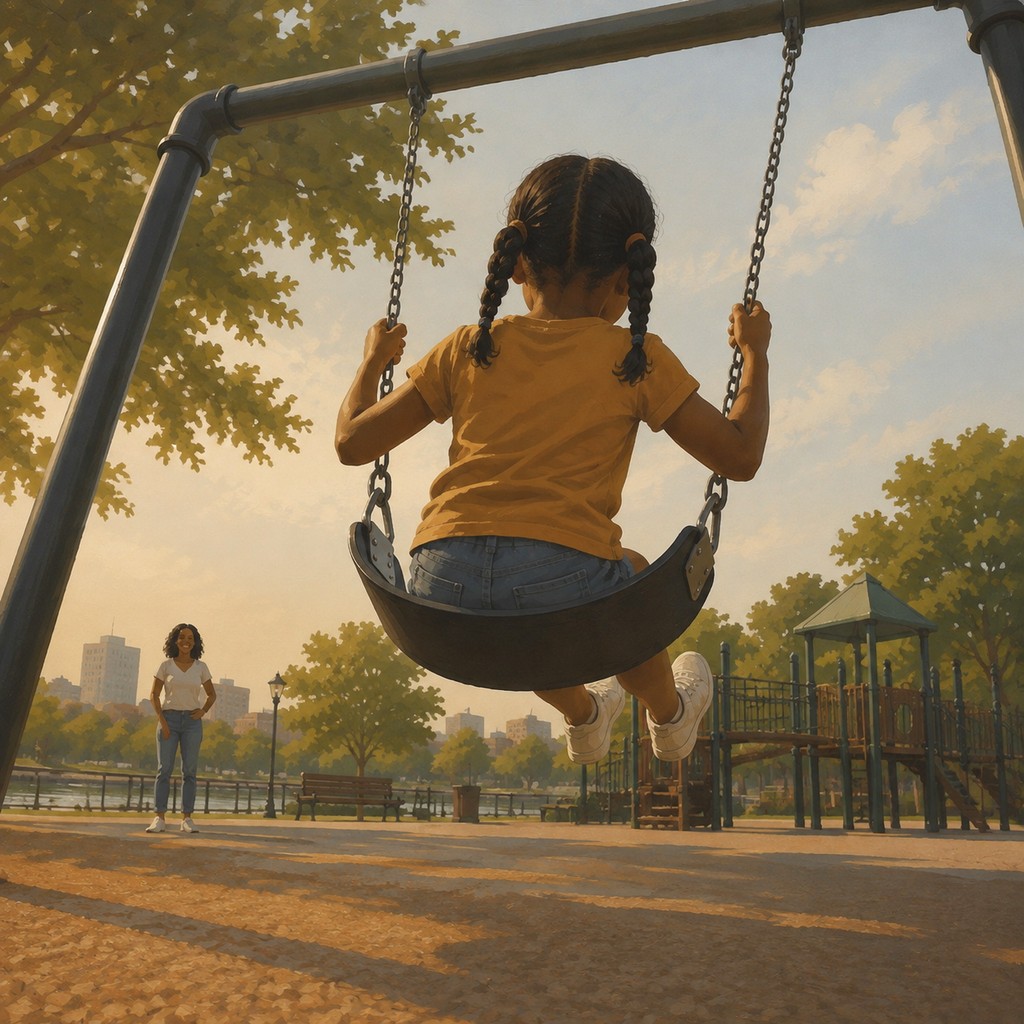 A young girl enjoying a playground swing in a city park.