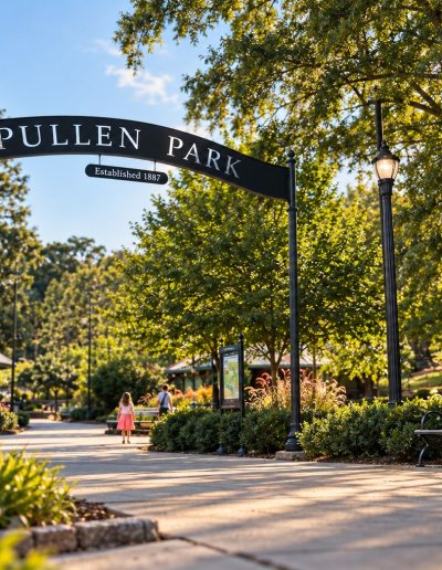 Sunny Pullen Park entrance sign and garden path in Raleigh