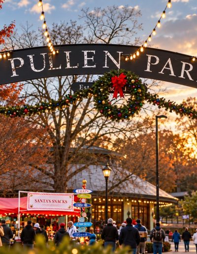 Decorated Pullen Park entrance during an evening event