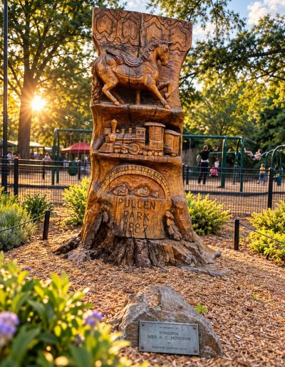 Carved tree sculpture beside the playground at Pullen Park