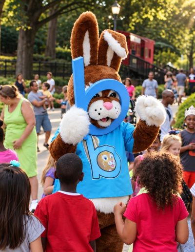 Costumed characters greeting families at Pullen Park