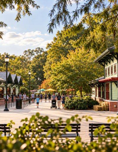 Landscaped plaza and park buildings at Pullen Park