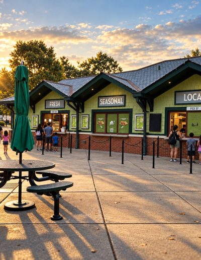 Pullen Park ticket and concession windows at sunset