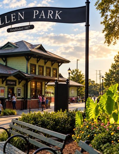 Pullen Park entrance sign and welcome building in Raleigh