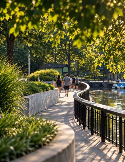 Tree-lined path beside Lake Howell at Pullen Park