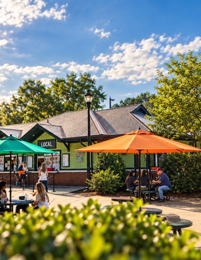 Pullen Park cafe patio and colorful umbrellas in Raleigh