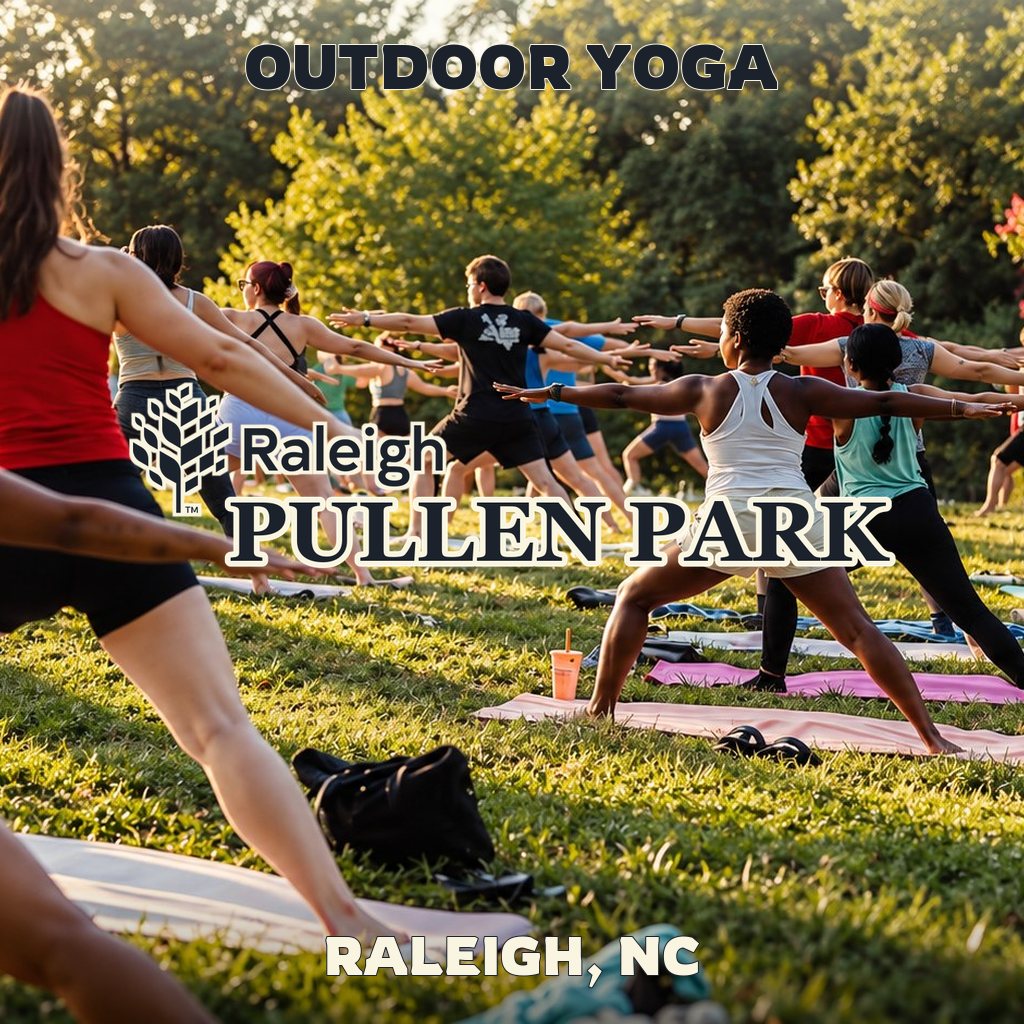 Outdoor yoga class at Pullen Park in Raleigh, NC