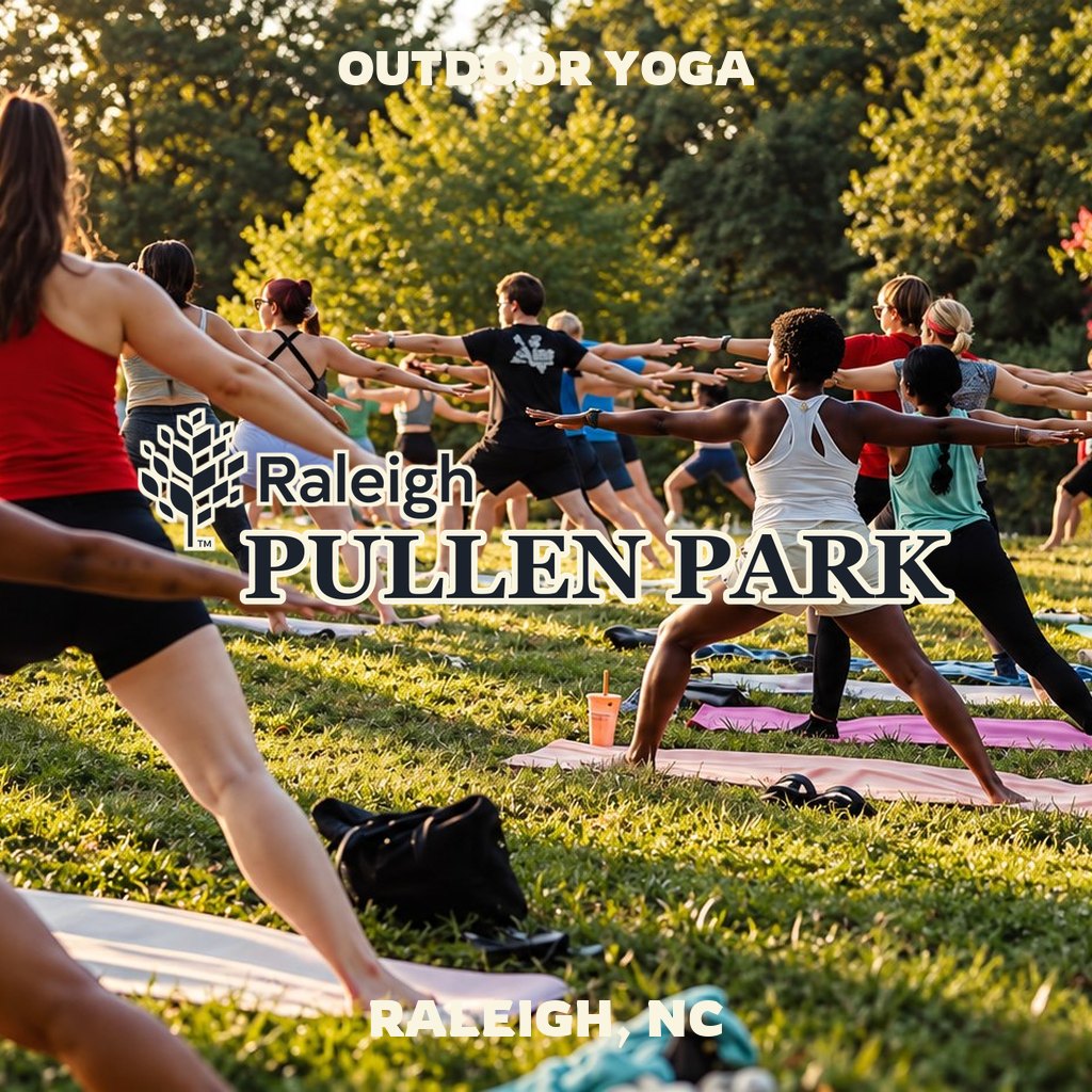 Outdoor yoga at Pullen Park in Raleigh, NC, with activity featured image lettering
