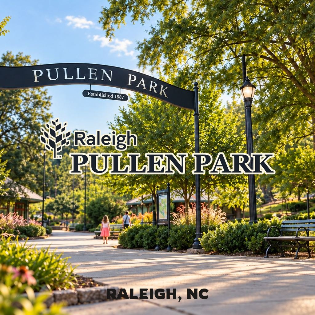 Pullen Park entrance in Raleigh, NC, with the Raleigh and Pullen Park logos