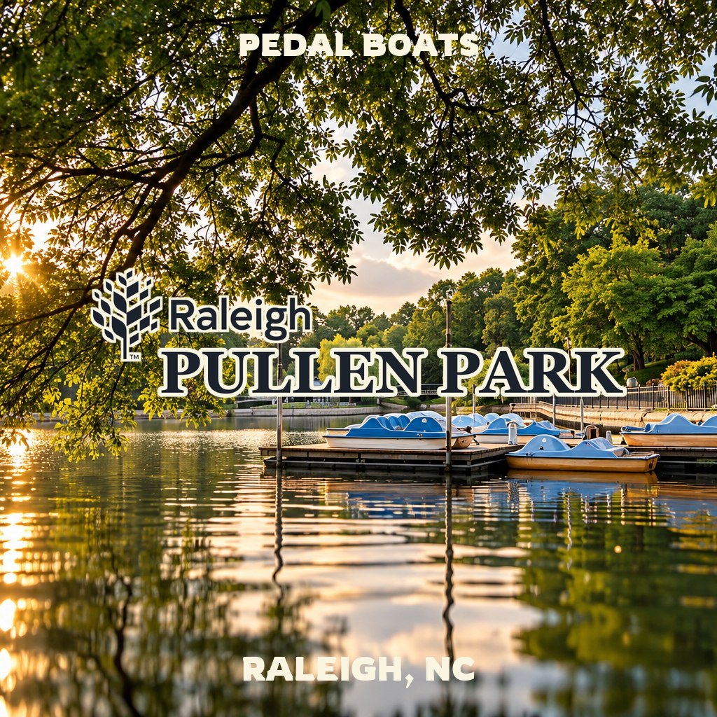 Pedal boats on Lake Howell at Pullen Park in Raleigh, NC, with activity featured image lettering