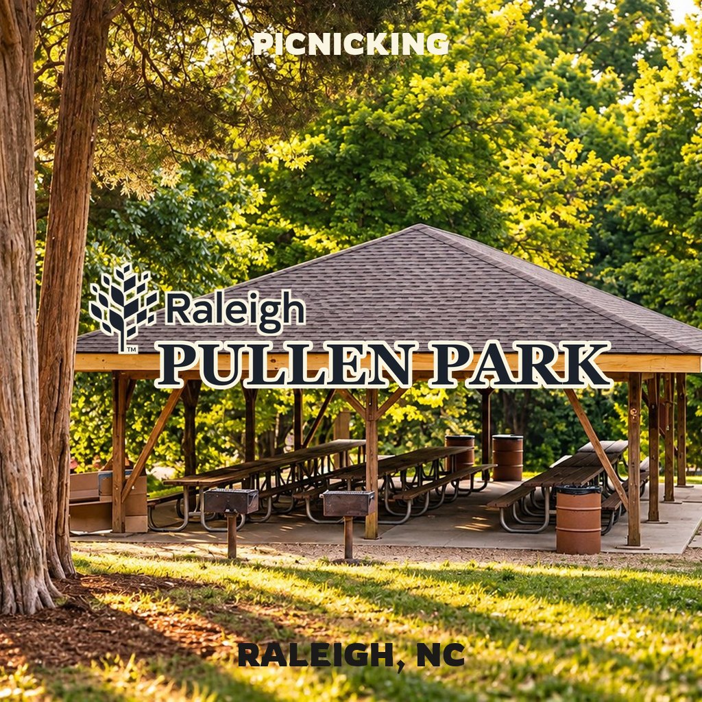 Picnic shelter at Pullen Park in Raleigh, NC, with Picnicking featured image lettering
