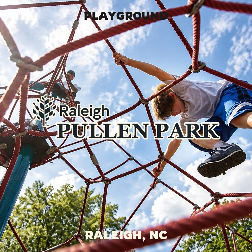 Playground at Pullen Park in Raleigh, NC, with activity featured image lettering
