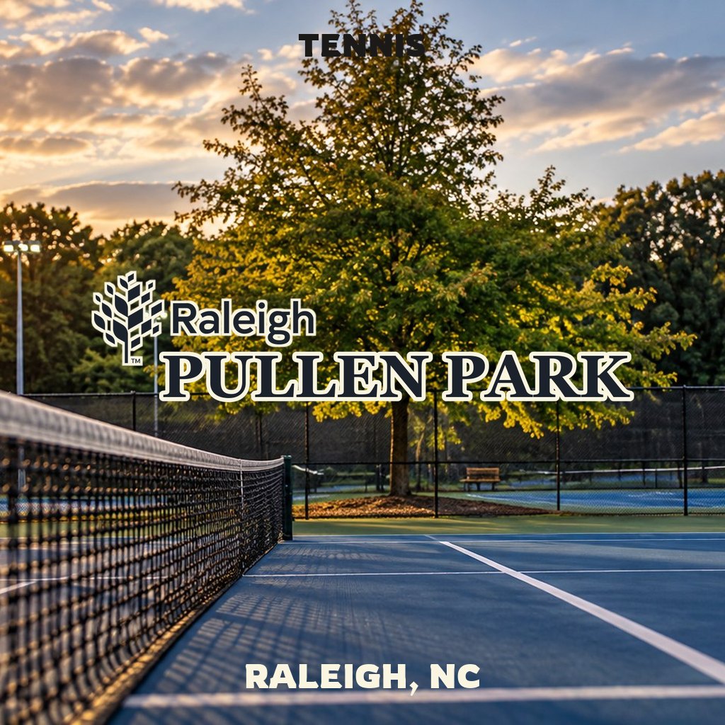 Tennis courts at Pullen Park in Raleigh, NC, with activity featured image lettering