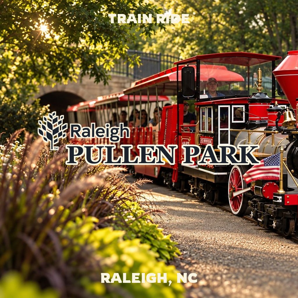 Train ride at Pullen Park in Raleigh, NC, with activity featured image lettering