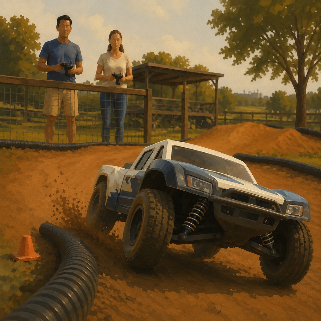 A radio-controlled off-road truck racing on an organized outdoor RC course.