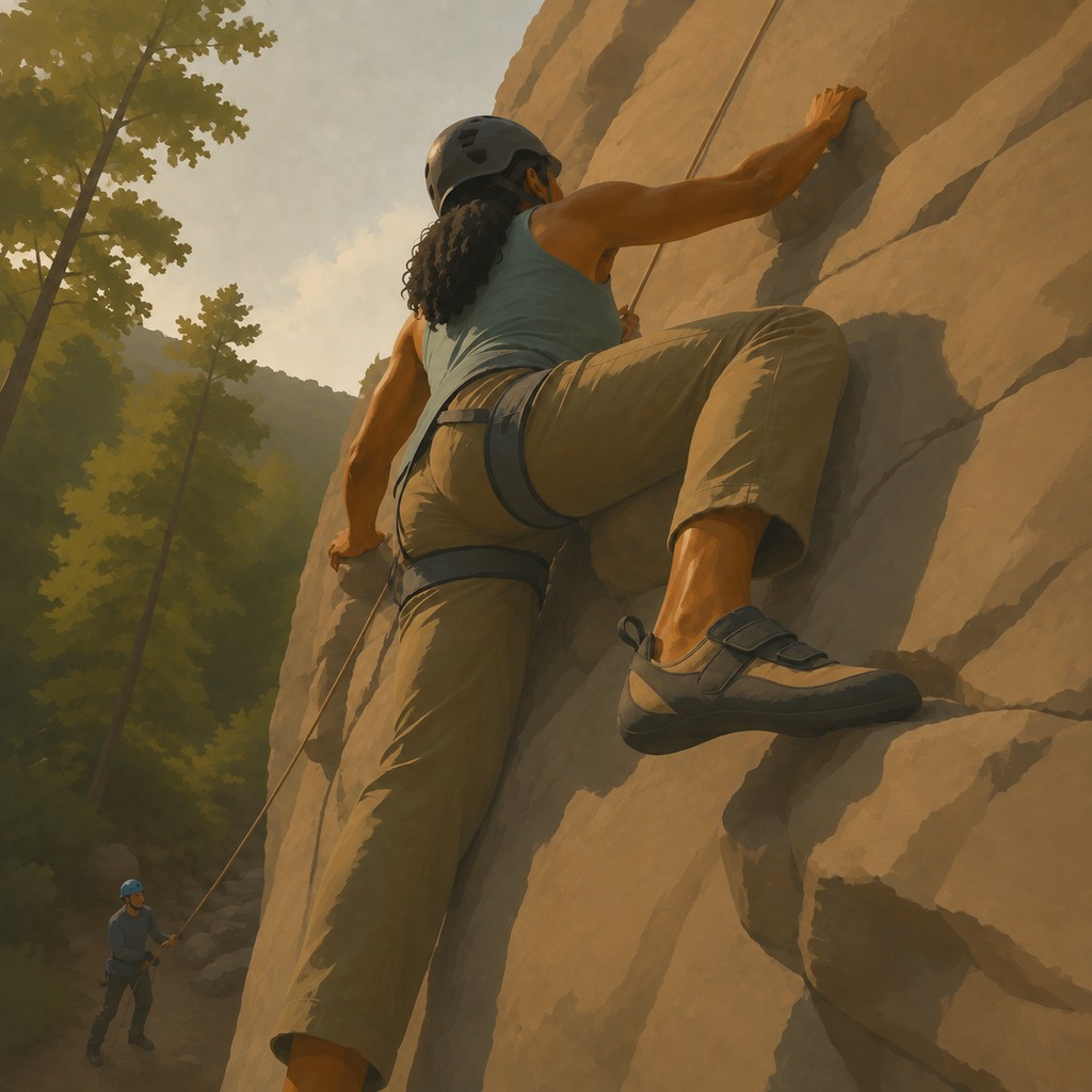 A climber ascending an Appalachian sandstone cliff on a professionally supervised outing.