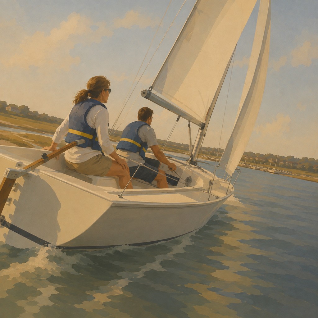 Two adults sailing a small keelboat on a calm coastal inlet.