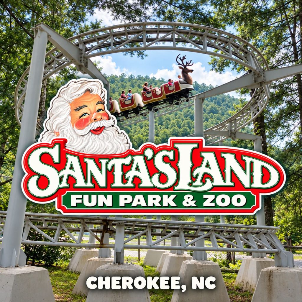Santa’s Land Fun Park & Zoo in Cherokee, NC, with the park logo over the Rudicoaster
