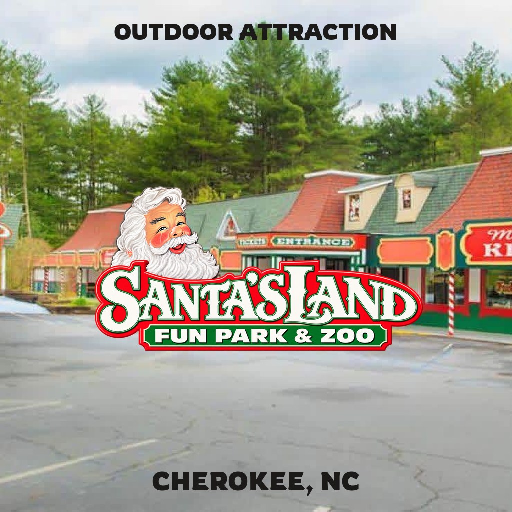 Santa’s Land outdoor attraction in Cherokee, NC, with festive park entrance and logo