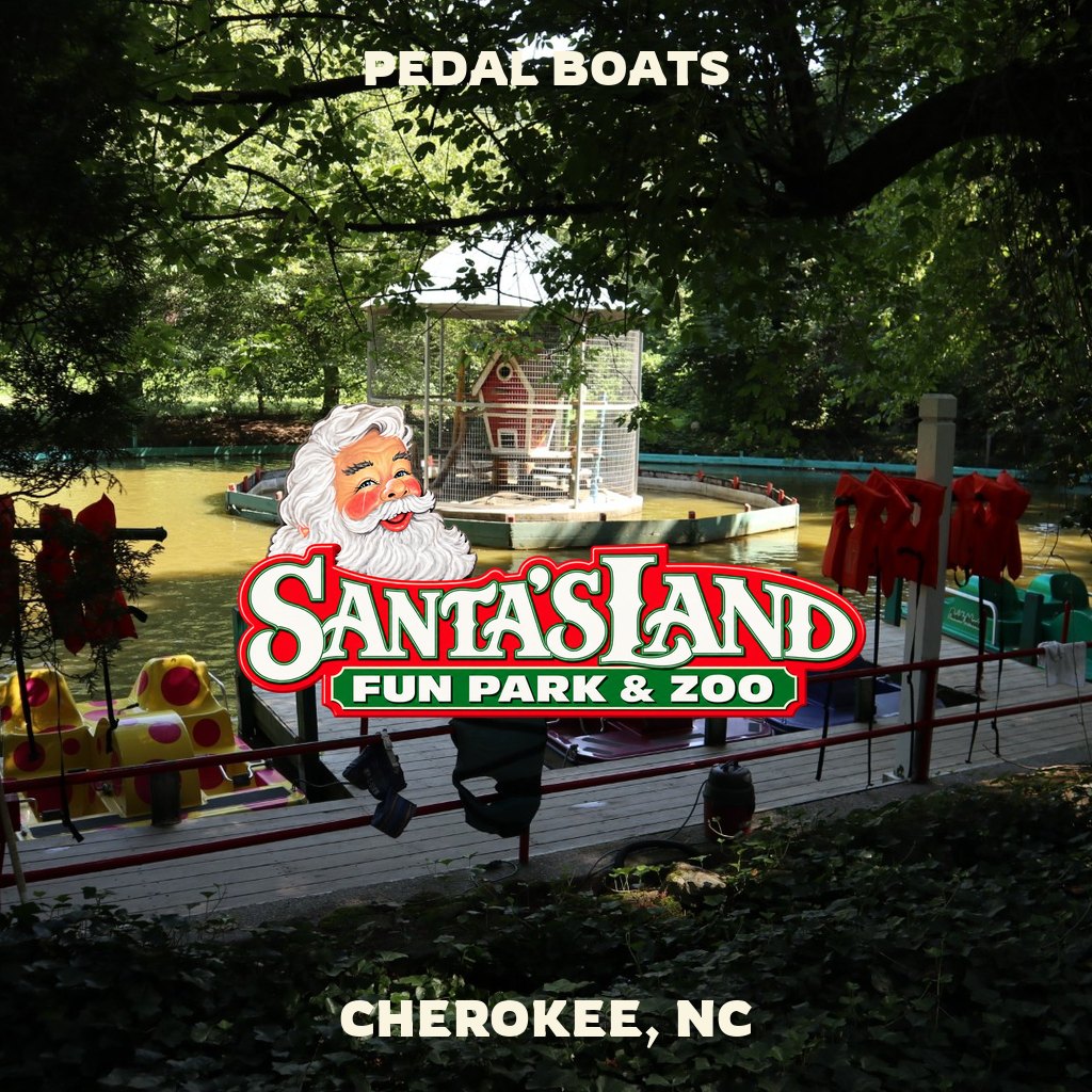 Pedal Boats at Santa’s Land in Cherokee, NC, with Santa’s Land logo and activity title