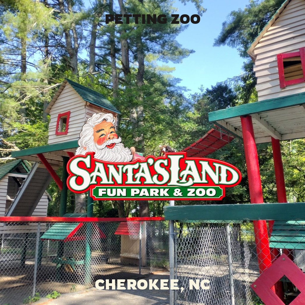 Petting Zoo at Santa’s Land in Cherokee, NC, with Santa’s Land logo and activity title