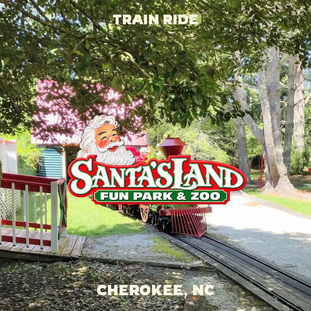 Train Ride at Santa’s Land in Cherokee, NC, with Santa’s Land logo and activity title