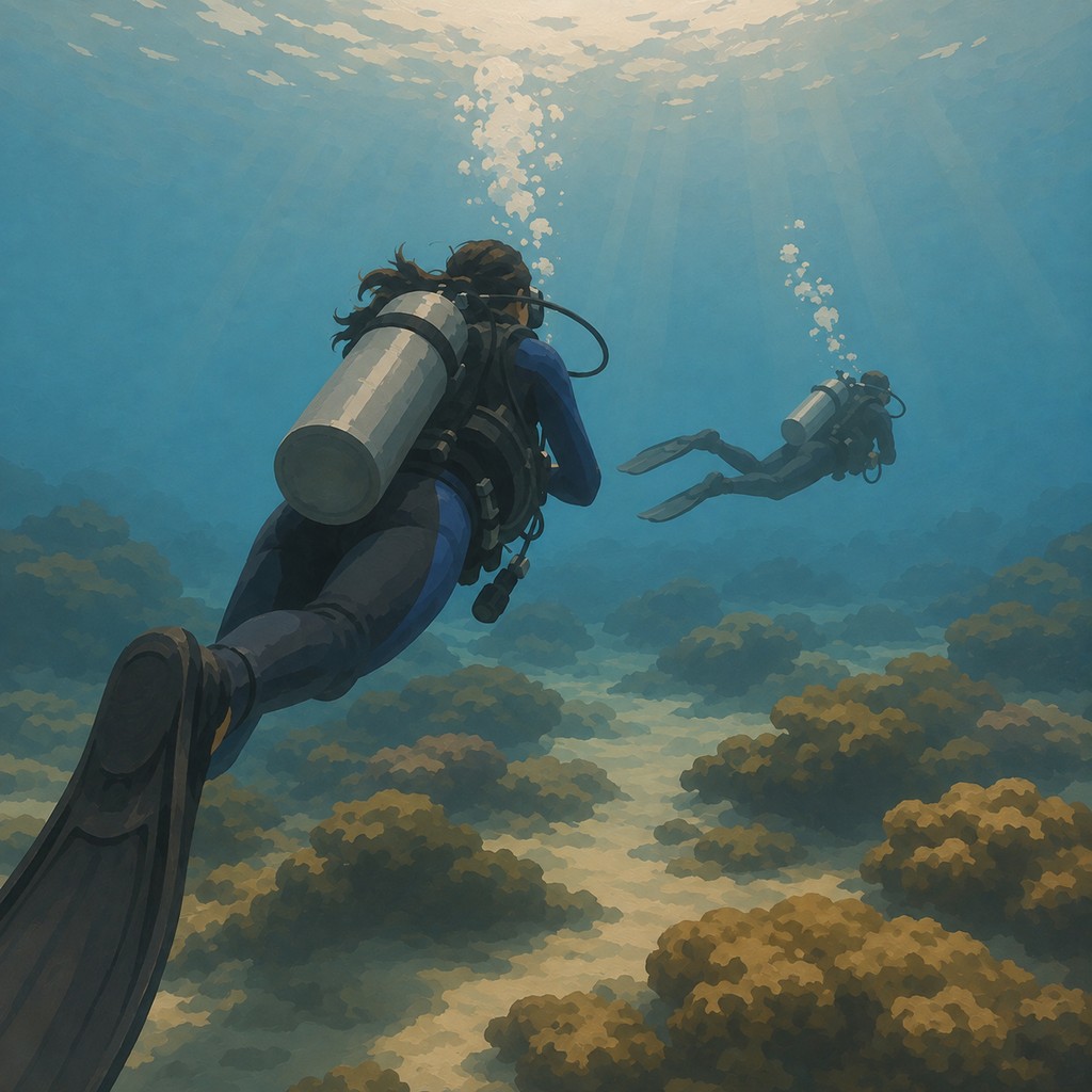 Two recreational scuba divers exploring a clear coastal reef.
