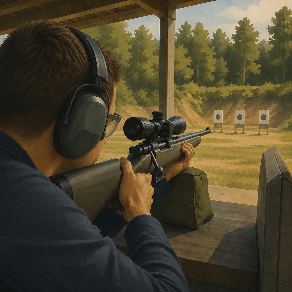 A man safely aiming a sporting rifle at targets on a professionally managed outdoor range.