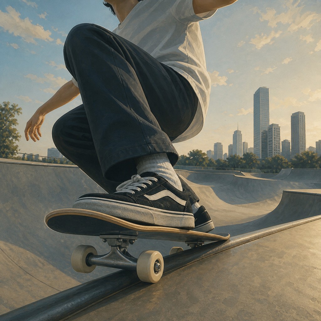 A skateboarder riding the coping at a modern urban skatepark.
