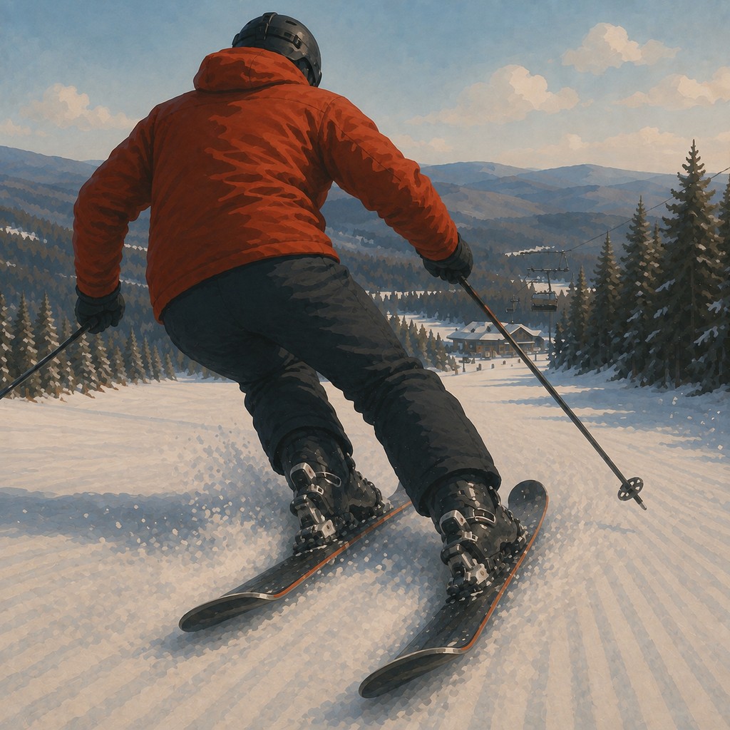 A skier carving downhill toward an Appalachian resort on a groomed winter slope.
