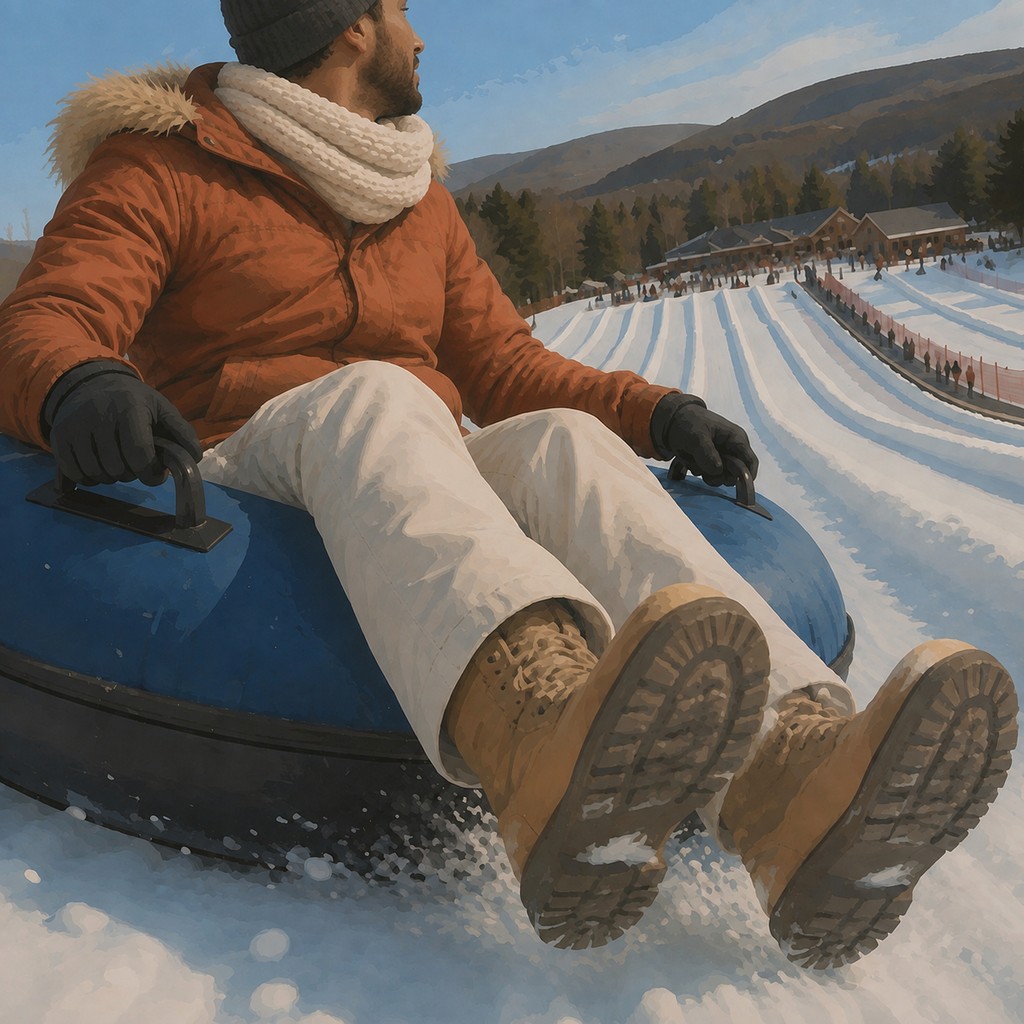 An Arab man enjoying a groomed snow-tubing lane at an Appalachian resort.