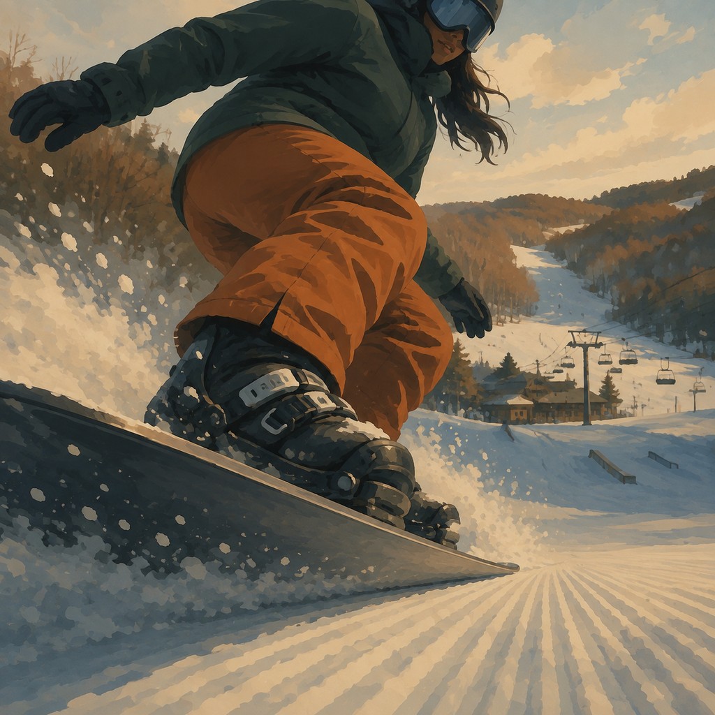 A snowboarder carving past the camera on a groomed run at an Appalachian resort.