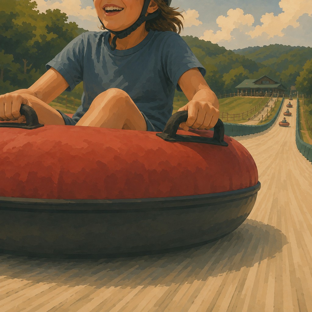 A child enjoying a dry synthetic tubing lane at an Appalachian adventure resort.