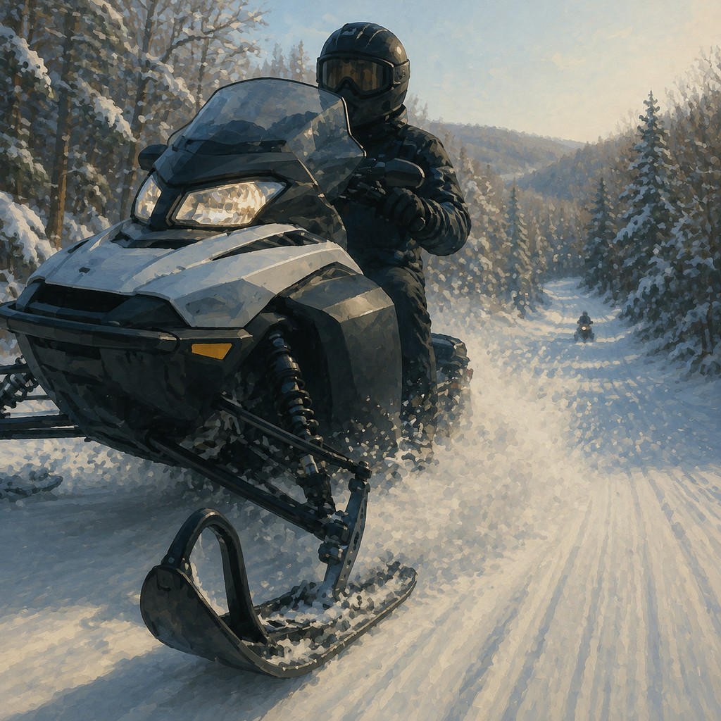 A guided snowmobile excursion on a winter trail through the Appalachian hills.
