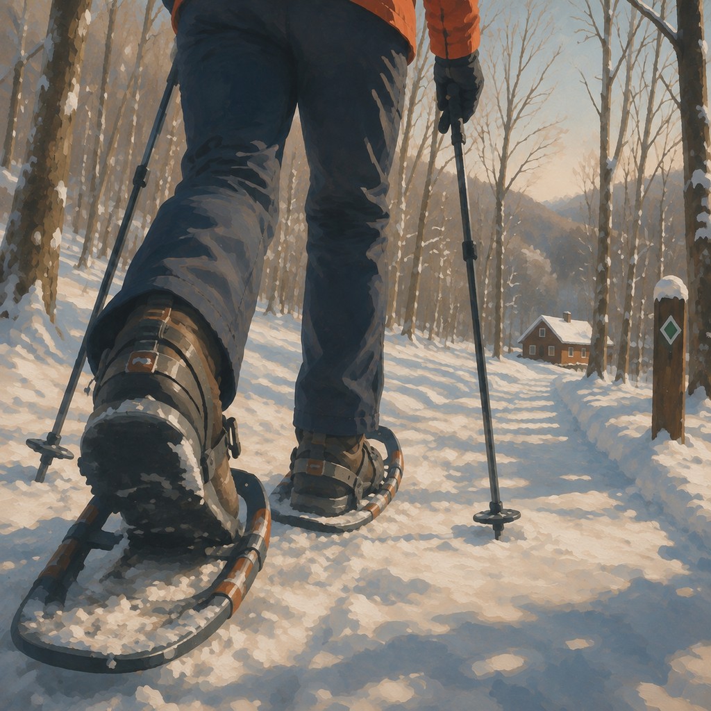 A snowshoer walking a quiet Appalachian forest trail after fresh snow.