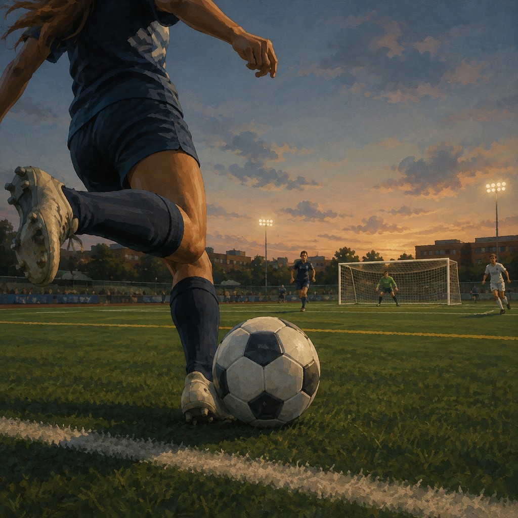 A soccer player taking a shot at an outdoor city recreation complex at dusk.