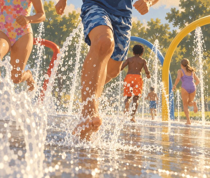 Children running through water jets at an outdoor splash pad.