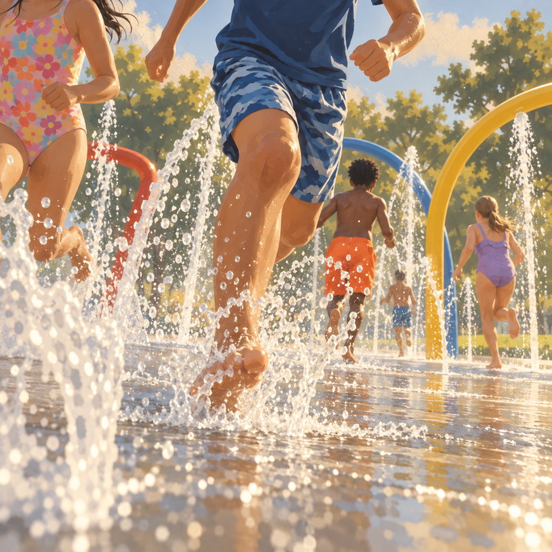 Children running through water jets at an outdoor splash pad.
