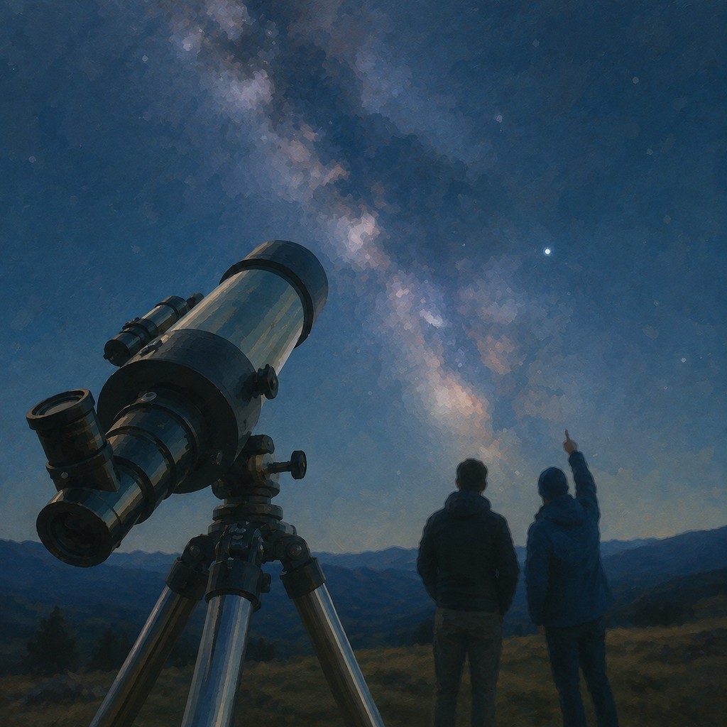 Guests stargazing beside a telescope under the Milky Way in the Appalachian countryside.