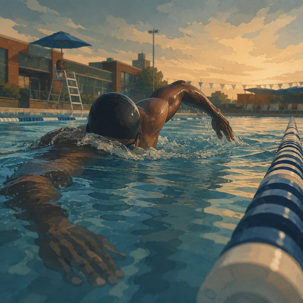 A swimmer practicing freestyle in an outdoor city aquatic center at sunset.